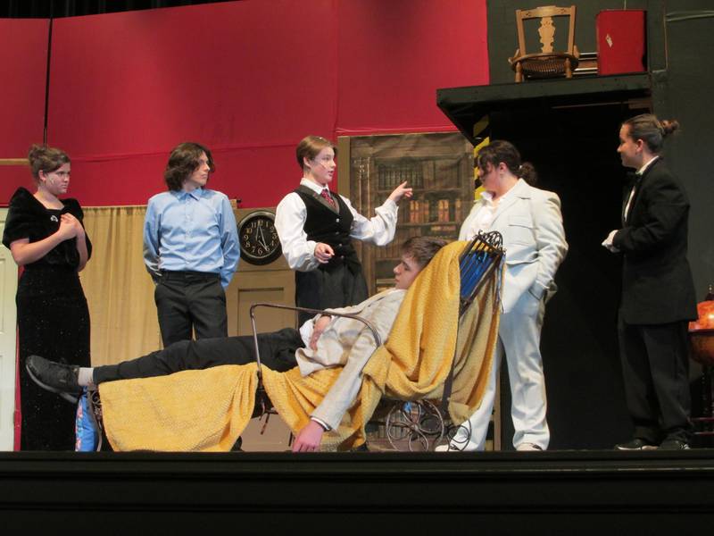 The cast of "The Play That Goes Wrong" rehearses a scene Monday, Oct. 31, 2022, at the Streator High School Auditorium. Performances are Nov. 2-4.