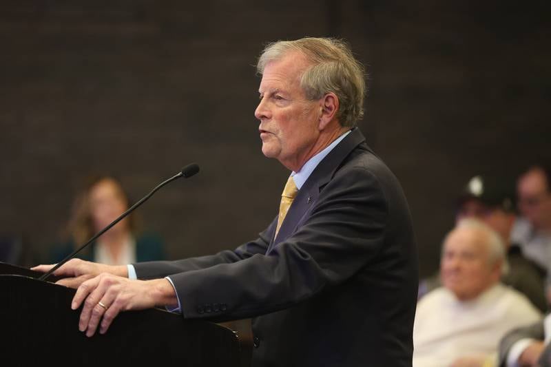 Michael Hanson, a retired lawyer, asks the city council to vote for the proposed data center at the City of Joliet City Council meeting on Monday, March 16, 2026 in Joliet.