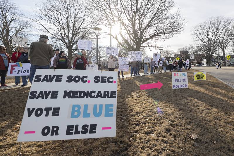 Over 250 protestors gathered Tuesday, Feb. 25, 2025, at Grandon Civic Center in Sterling to voice their feelings about the Trump administration, Elon Musk and other topics of contention. The demonstration was organized by Action for a Better Tomorrow Sauk Valley.