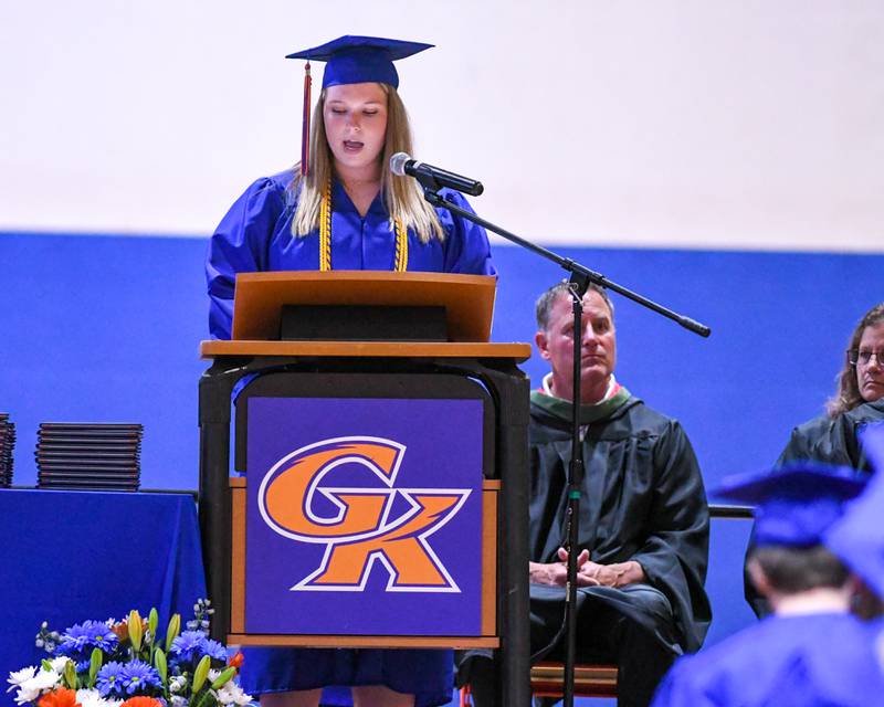 Genoa-Kingston senior and Student Leadership presenter Emma Rhoads speaks during the Class of 2024 graduation held on Saturday, May 18, 2024, at Genoa-Kingston High School, 980 Park Ave., Genoa.