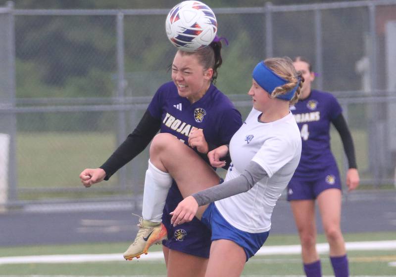Mendota's Ella Cross beats Princeton's Chloe Ostrowski to a header during the Class 1A Regional final game on Tuesday, May 20, 2025 at Mendota High School.