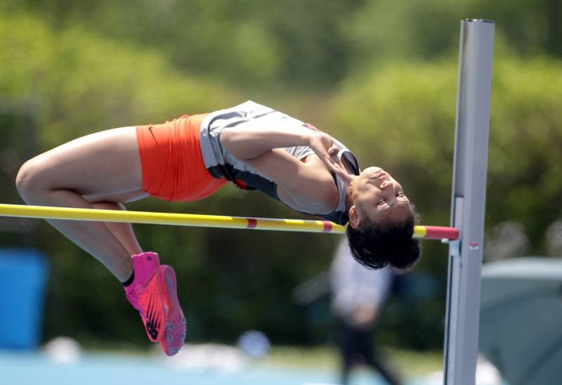 DeKalb’s Sydney Myles competes in the 3A high jump competition during the IHSA State Track and Field Finals at Eastern Illinois University in Charleston on Saturday, May 20, 2023.