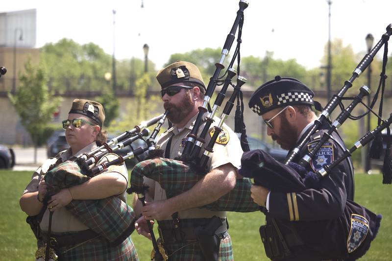 Will County and Joliet police officers play bagpipes at the 44th Annual Will County Law Enforcement Memorial Day ceremony on Thursday, May 8, 2025, at the Will County Law Enforcement Memorial, 14 W. Jefferson St., Joliet.