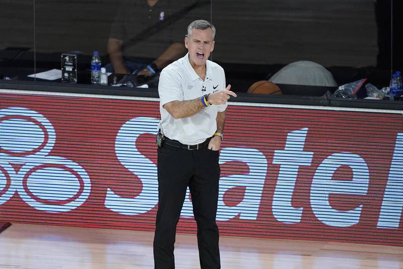 Former Oklahoma City Thunder head coach Billy Donovan yells at his players during the first half of a first-round playoff game against the Houston Rockets Saturday, Aug. 29, 2020, in Lake Buena Vista, Fla.