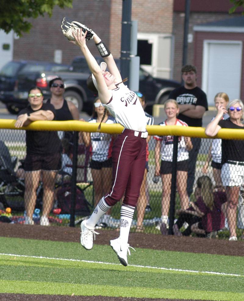 Dakota rightfielder Natalie Bartha snags a fly ball. Dakota and Henry-Senachwine softball met in  Illinois  Class 1A Super Sectional in Sterling on June 2, 2025. Dakota won the contest 2-0.