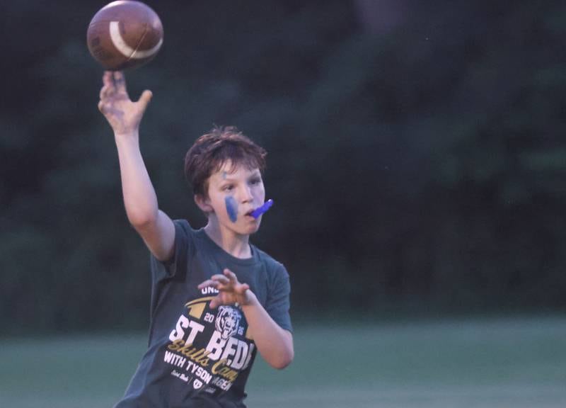 Emmett Berlin of Princeton, throws a pass during the Tyson Bagent Offensive Skills Camp on Saturday, May 23, 2026 at St Bede Academy.