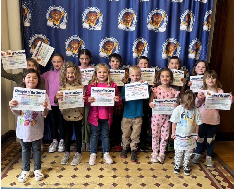 Lincoln Elementary School in Ottawa named its Champions of the Charter for April 2024. They are Bel Dunne, Neveah Worley, Kyle Applegate, Remington Denson, Kylee Schillings, Evelyn Shugars, Sophia Gillich, Callan Goetz, Ian Olander, Chloe Markut, Selby O’Brien, Gracie Poncar, David Bolf, Aiden Malagon.