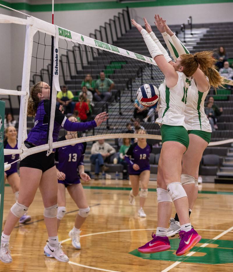 Seneca's Brooklyn Sheedy goes up for a block during Class 2A Regional final on Thursday, Oct. 30, 2025 at Seneca High School.