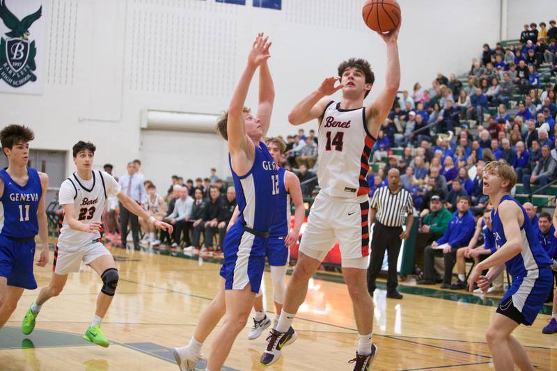 Benet's Parker Sulaver puts a shot up over Geneva's Thomas Diamond at the Class 4A Sectional Final at Bartlett on Friday, March 3, 2023.