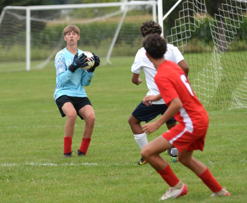 Oregon goalkepper Dereyk Witthers gathers the ball on Friday, Aug. 29 2025 at the Oregon-Stillman Varsity Soccer Tourney at Oregon Park West.
