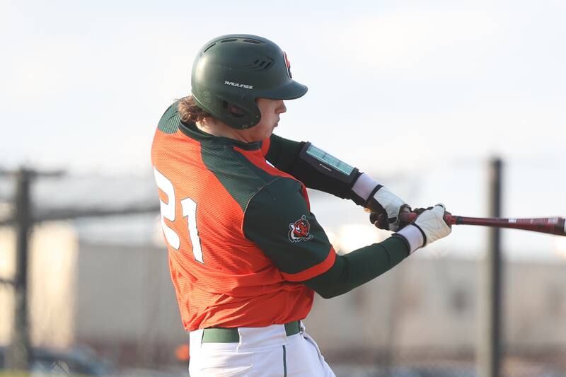Plainfield East’s Julian Rosales connects against Bolingbrook on Monday, March 27, 2023.