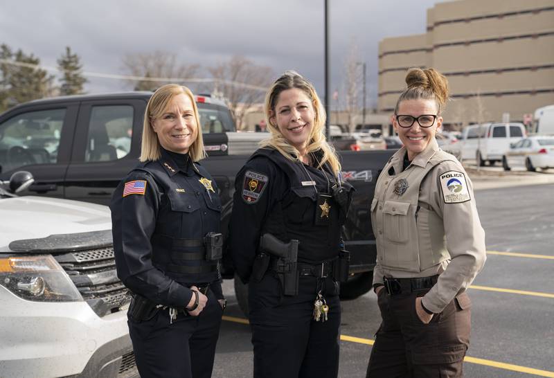 McHenry County has three female police chiefs that include, left to right, Mary Frake, Chief of Police, Lake in the Hills Police Department, Juanita Gumble, Chief of Police, Hebron Police Department and Laura King, Chief of Police, McHenry County Conservation District Police, photographed outside the McHenry County Government Center on Thursday, March 2, 2023 in Woodstock. Ryan Rayburn for Shaw Local