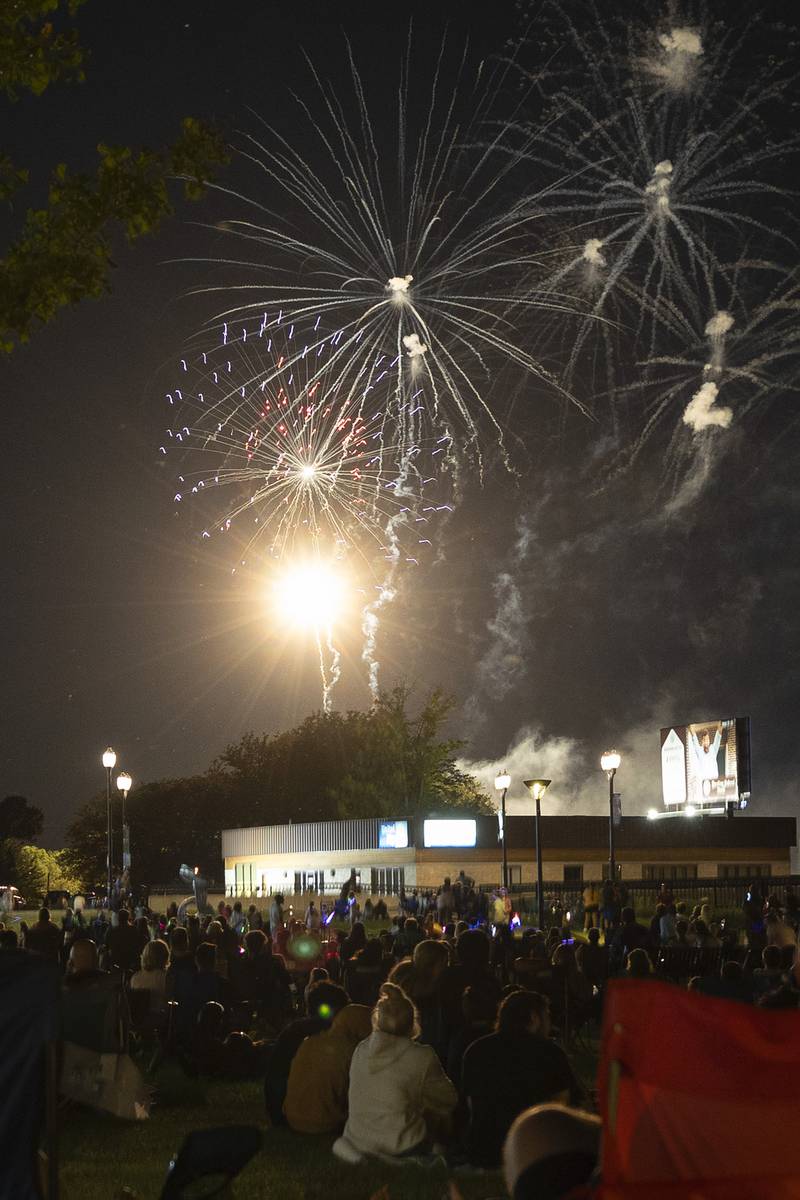 Fireworks light up the sky over the Twin Cities Thursday, July 3, 2025. A party at RB&W Park had music and food to celebrate American independence.