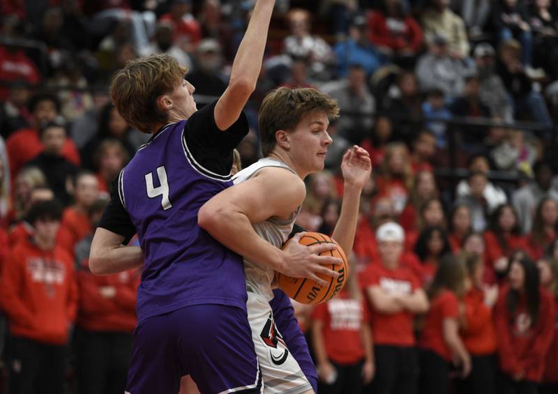 BBCHS's Nick Allen moves toward the net as Manteno's Nate Hupe guards during Tuesday's game at BBCHS. Allen had 27 points, 12 rebounds and five blocks in the Boilermakers' 78-43 win.