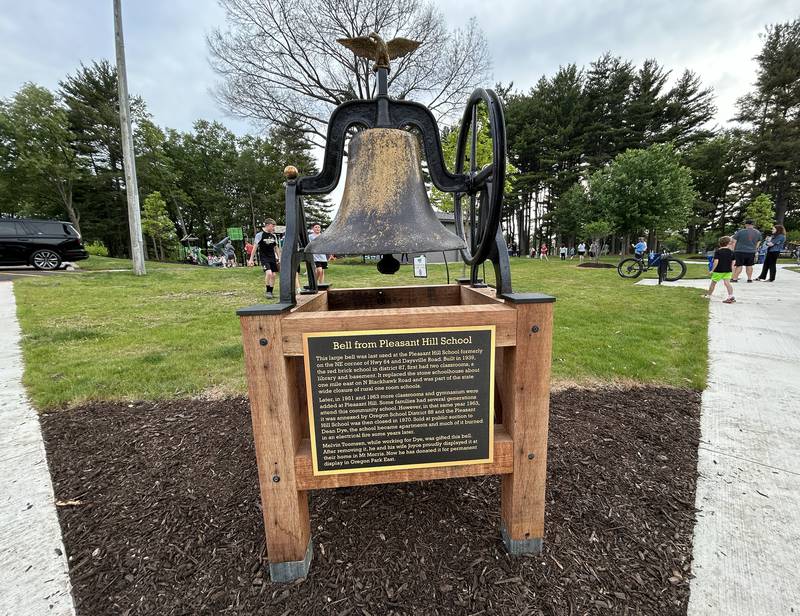 The bell from Pleasant Hill School is displayed at the Oregon Park District's Park East Inland Side recreation area. The official grand opening for the site was held on Monday, May 18, 2026.
