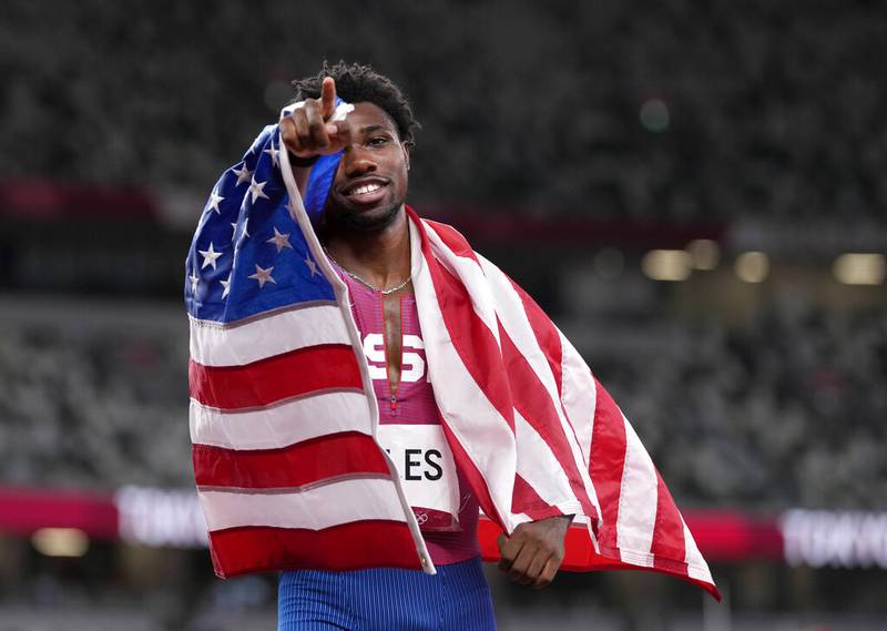 Noah Lyles, of United States, bronze, reacts after the final of the men's 200-meters at the 2020 Summer Olympics, Wednesday, Aug. 4, 2021, in Tokyo, Japan.