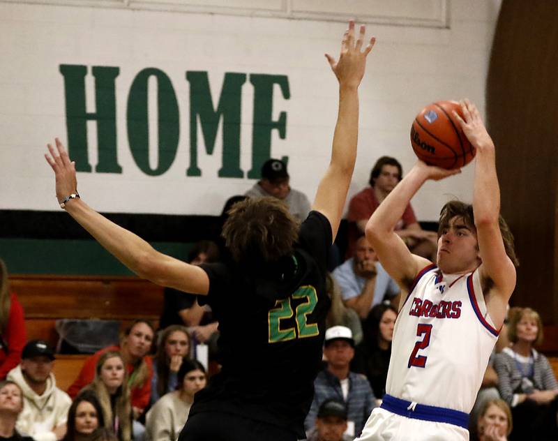 Dundee-Crown’s Jared Russell shoots the ball over Crystal Lake South's Anthony Santarelli during the boy’s game of McHenry County Area All-Star Basketball Extravaganza on Sunday, April 13, 2025, at Alden-Hebron’s Tigard Gymnasium in Hebron.