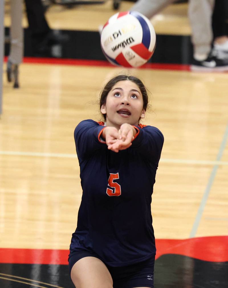 DePue's Veronica Fitzgerald bumps the ball during their match against Indian Creek Thursday, Oct. 13, 2022, in Shabbona.