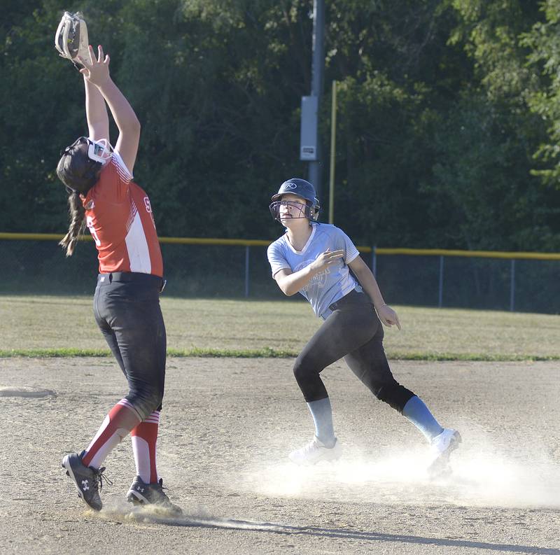 Streator DQ Scarlett Lesak catches an infield pop up as Streator Blue Lexi Davies gets back to 2nd base Wednesday at Bodznick Park in Streator.