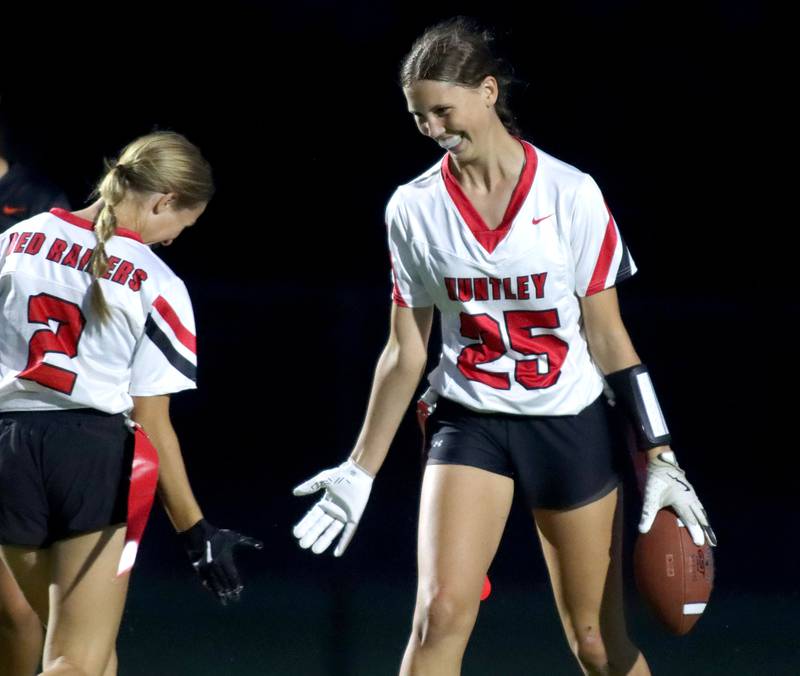 Huntley’s Evelyn Freundt, right, celebrates a touchdown in varsity flag football at Owen Metcalf Field on the campus of Crystal Lake Central High School in Crystal Lake on Tuesday, Sept. 16, 2025.
