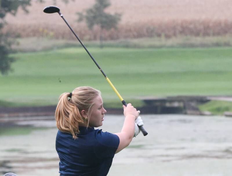 Fieldcrest's Alannah Halley tees off during the Class 1A Regional golf meet on Thursday, Sept. 28, 2023 at Spring Creek Golf Course in Spring Valley.