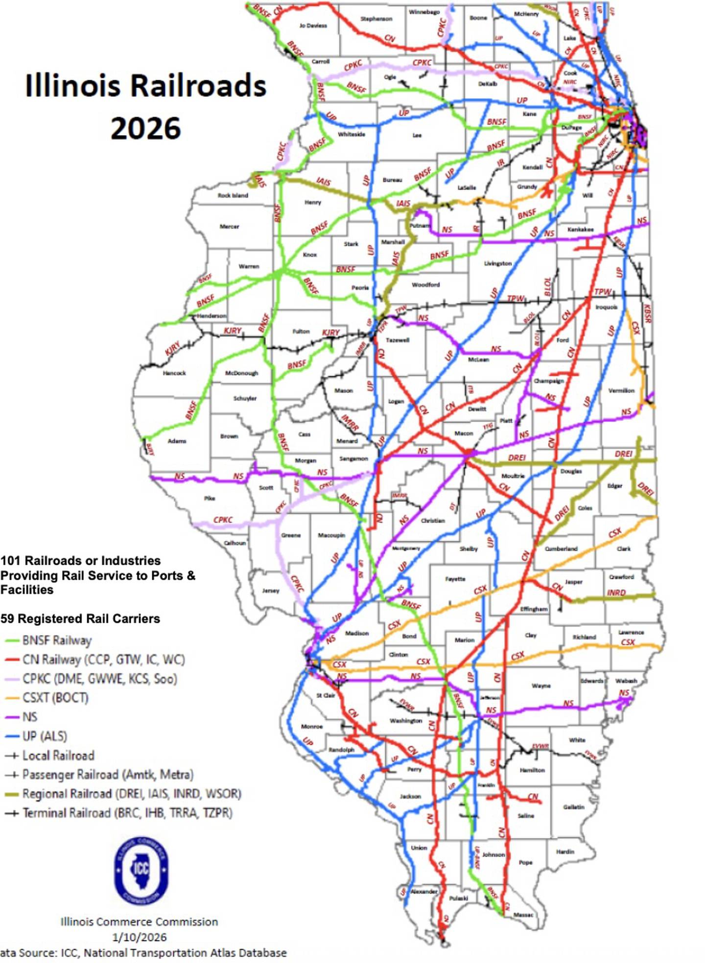 Map of all Illinois railroads as of 2026.