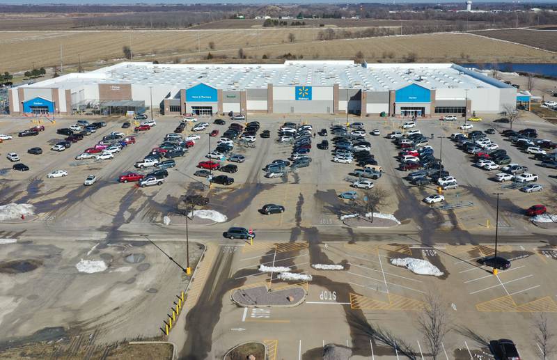 An aerial view of the Wal-Mart on Wednesday, March 18, 2026 Peru. When the store opened on Tuesday, April 1, 1986, it was located in a different building (the site now occupied by Hobby Lobby and Dollar Tree) before relocating to its current location along Route 251 in 2007.