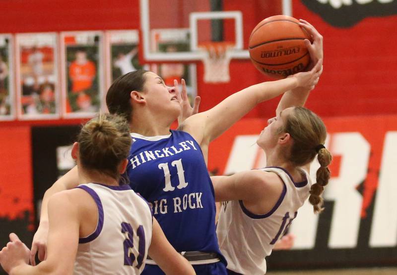 Hinckley-Big Rock's Raven Wagner misses a rebound as the ball falls into the hands of Serena's Macy Mahler during the Little Ten Conference championship game on Friday, Jan. 24, 2025 at Earlville High School.