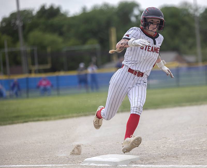 Fulton’s Brooklyn Vogel rounds third against Morrison Friday, May 22, 2026, at the Class 1A softball regional at Newman High School.