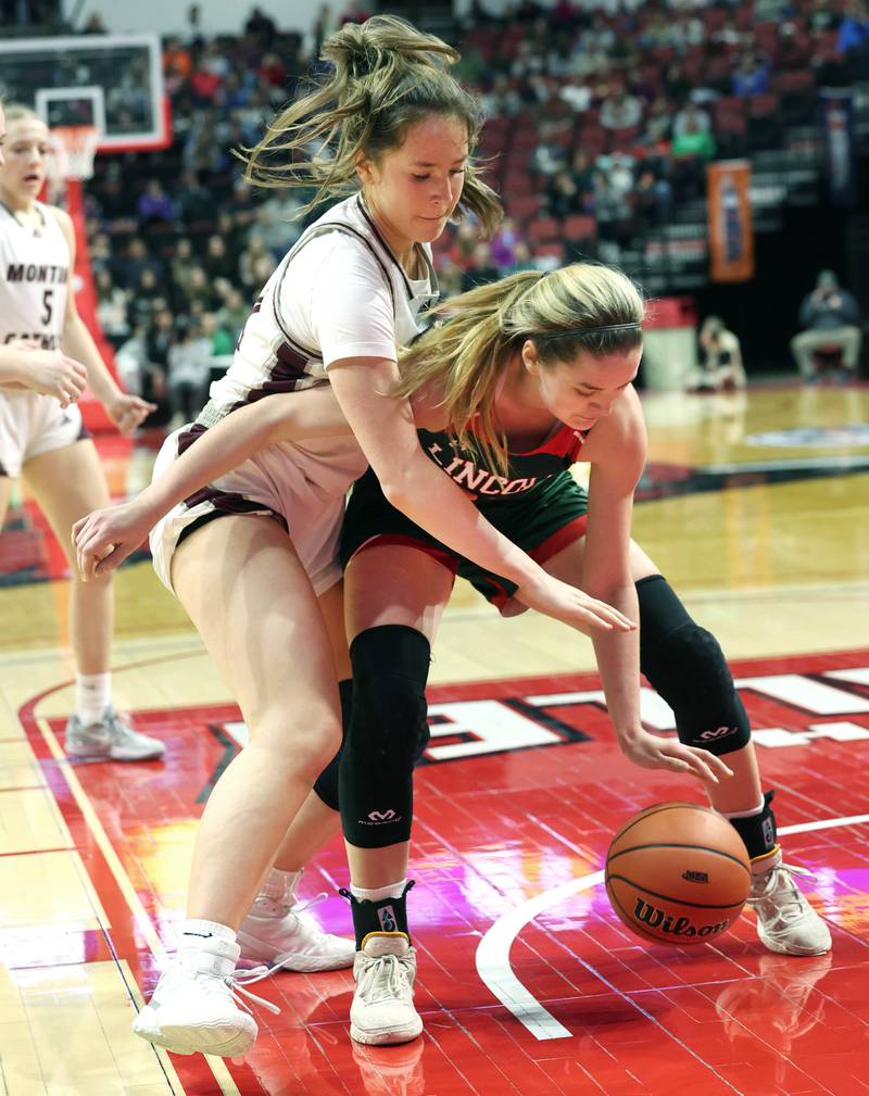 Montini's Peyton Farrell (left) tries to steal the ball from Lincoln's Kloe Froebe during their game Friday, March 1, 2024, in the IHSA Class 3A state semifinal at the CEFCU Arena at Illinois State University in Normal.