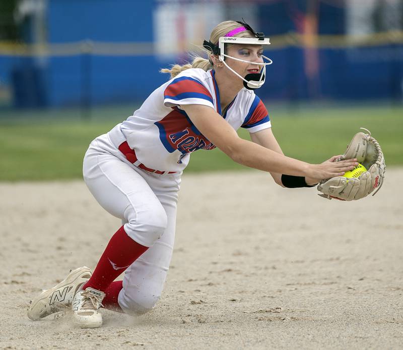 Morrison’s Caylee Bramm catches a pop-up bunt against West Carroll Tuesday, May 19, 2026, at the Class 1A softball regionals at Newman.