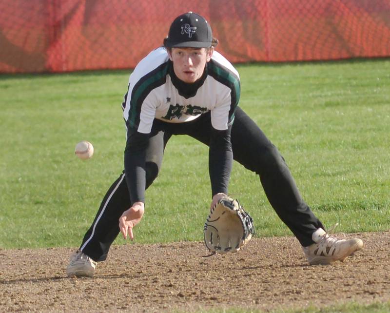 Rock Falls shortstop Ethan Moeller fields a ground ball against Oregon on Monday, April 21, 2025 Oregon High School.
