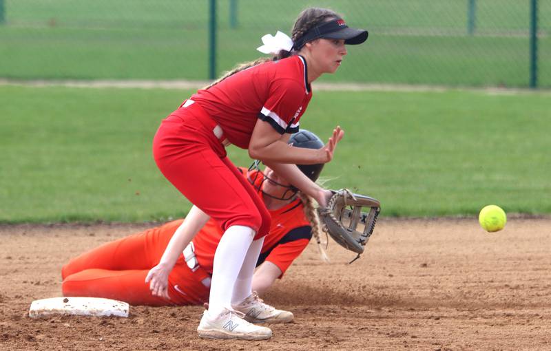St. Charles East’s Alyse Price slides in safely at second base as Huntley’s Reese Hunkins fields the throw during varsity softball at Marengo Saturday morning.