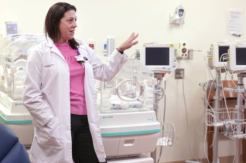 Colleen Faivre MSN, RN, patient care manager in Labor and Delivery at Northwestern Medicine Kishwaukee Hospital, talks Thursday, May 4, 2023, about some of the facilities in her department at the hospital in DeKalb.