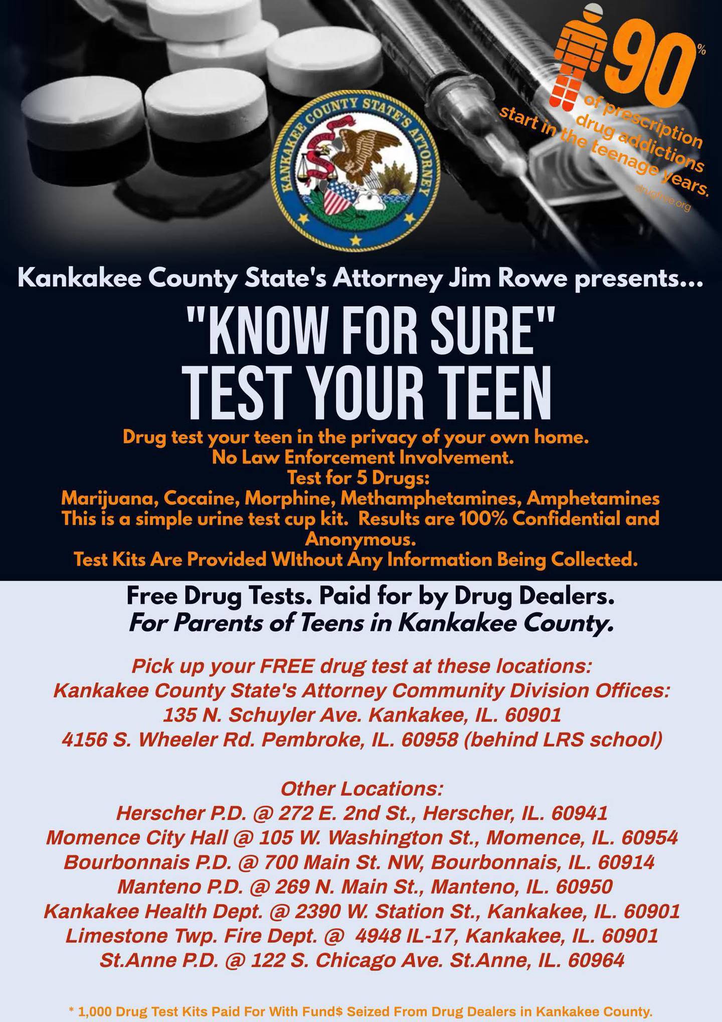 The Kankakee County State's Attorney's office "Know For Sure" initiative offers free drug test kits to parents of teens.