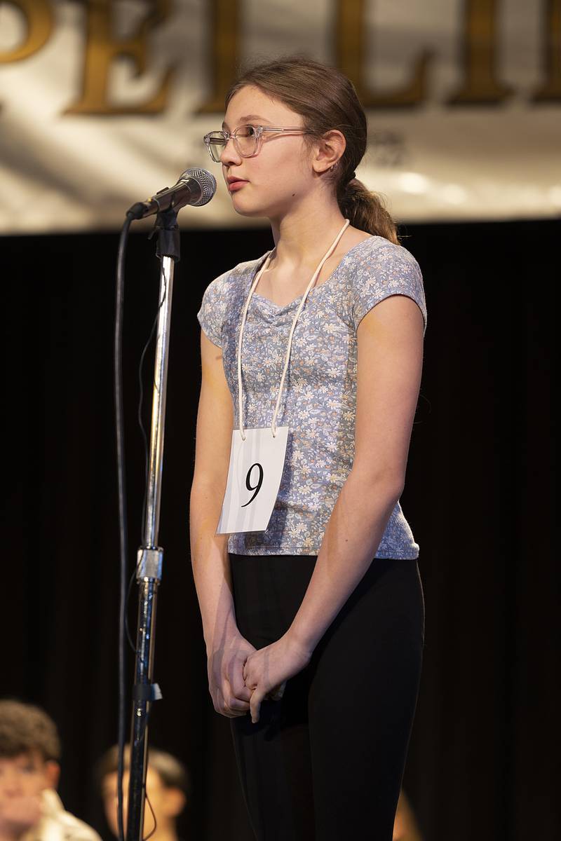 Annalise Knutson of Centennial Elementary went out on the word legalese in round five Thursday, Feb. 20, 2025, at the Lee/Ogle/Whiteside County Spelling Bee.
