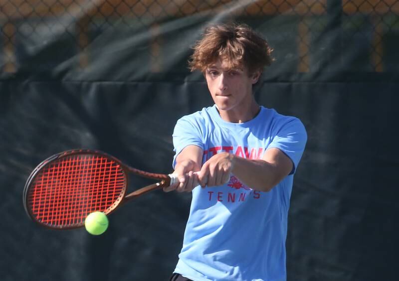 Ottawa's Alan Sifuentes plays tennis against L-P at the Henderson-Guenther Tennis Facility on Monday, Monday, May 6, 2024 at Ottawa High School.