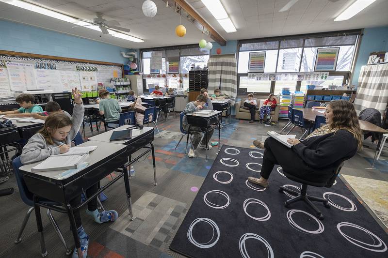 East Coloma-Nelson fourth grade teacher Kayleigh Jones quizzes her students Thursday, Nov. 13, 2025. The school received an exemplary designation in 2025.