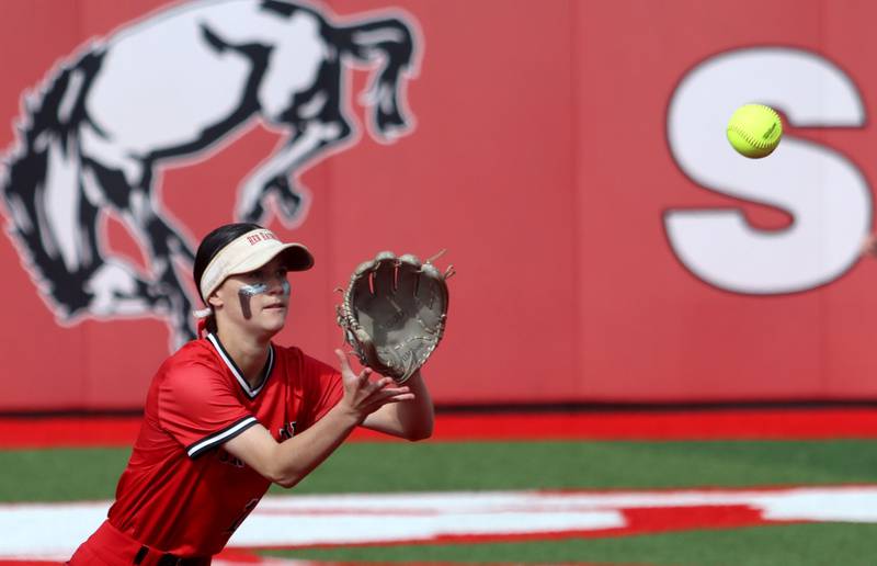 Huntley’s Aubrina Adamik snags an infield fly against DeKalb in IHSA Class 4A Sectional Semifinal softball action at Barrington High School in Barrington on Wednesday, June 4, 2025.