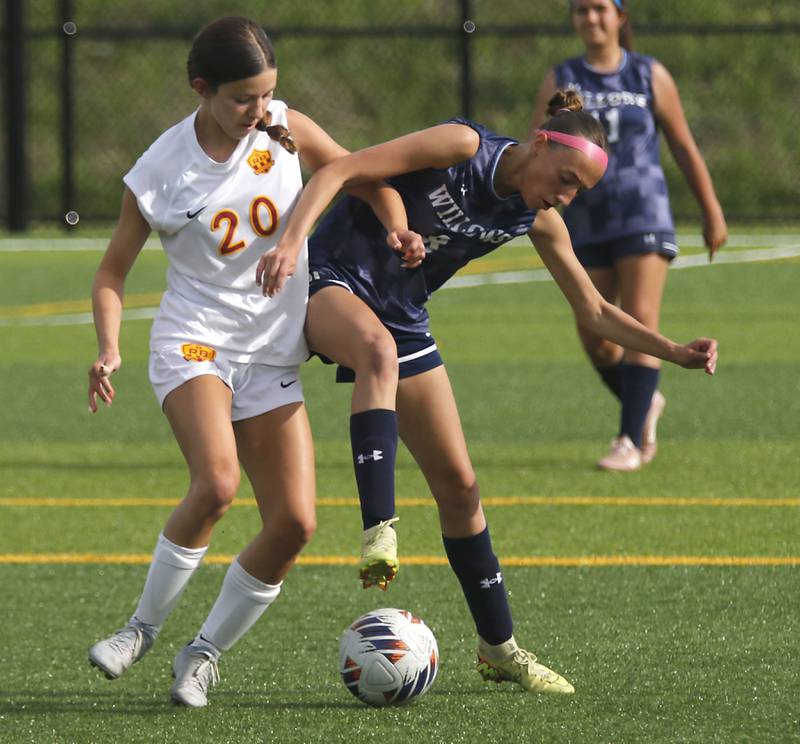 Richmond-Burton's Ella Seyller battles with Willows Academy's Kamila Mikula during an IHSA Class 1A Cristo Rey St. Martin Sectional semifinal girls soccer match on Tuesday, May 26, 2026 at Cristo Rey St. Martin College Prep, in Waukegan.