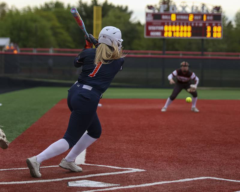 Oswego's Brynn Broughton (1) hits a bouncer to third during softball game between Oswego at Yorkville. May 5, 2026 in Yorkville.