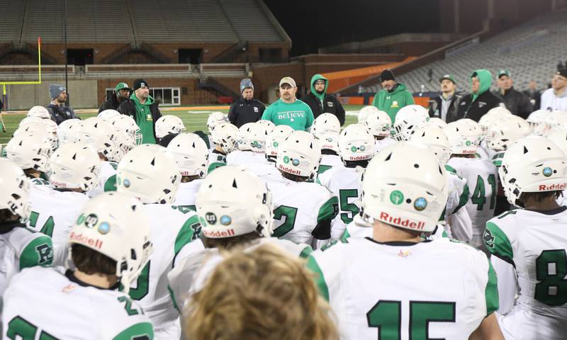 Providence Catholic head coach Tyler Plantz addresses his team after the Class 4A state title game on Friday, Nov. 25, 2022 at Memorial Stadium in Champaign.