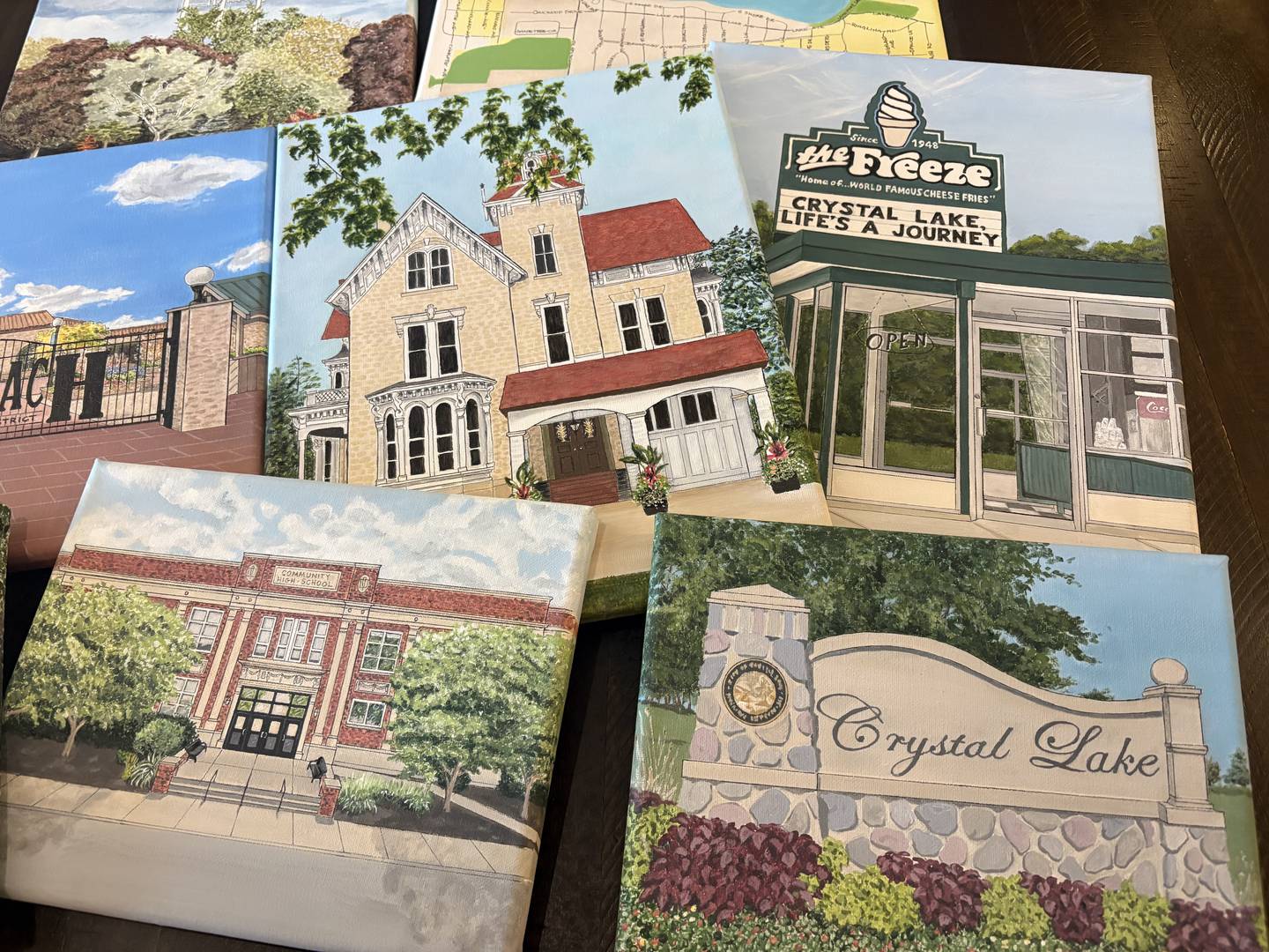 Some of Lisa Mottola Hudon's paintings of Crystal Lake landmarks.