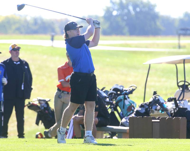 Marquette's Braxton Nelle tees off on the first hole during the Class 1A golf meet on Wednesday, Oct. 2, 2024 at Spring Creek Golf Course in Spring Valley.
