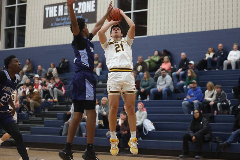 Joliet Catholic’s Owen Wiers puts up shot against Plainfield South on Wednesday, Jan. 17th, 2024 in Joliet.