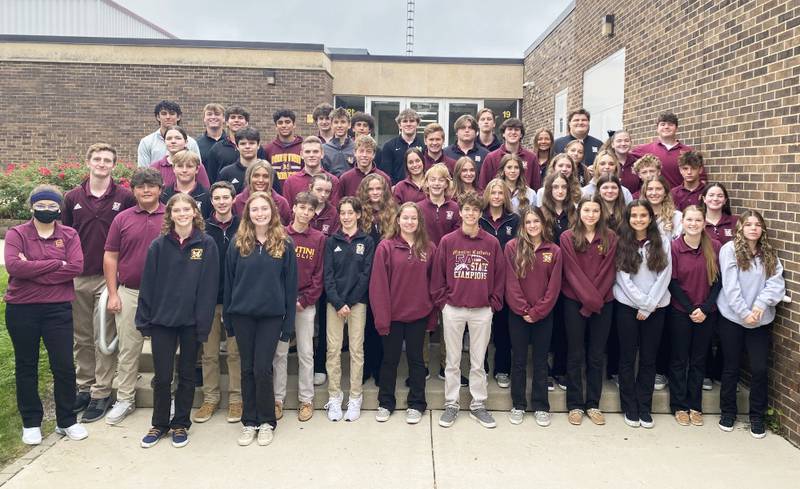 Montini Catholic Legacy Students, from left: front row, Lilliana Navarro, Orla O’Flaherty, Jamie Loftus; second row, Patrick Thompson, Finnegan Grimes, Owen Ferris, Joseph Neustadt, Marin Ferris, Nolan Ferris, Erin Grimsley, Audrey Ruddy, Annalee DeFeo, Teagan O'Connor and Angelina Marinelli; third row, James Fitzpatrick, Quin Paprockas, Olivia Mateja, Katelyn Bell, Brianna Konopacz, Johnathan Neustadt, Ava Sebben, Nora Fitzpatrick, Isabella Marinelli, Lily Spanos, Maryfaith Considine; fourth row, Malin McGivern, Bryce Ryan, Zander Montgomery, Jack Spanos, Julianna Neustadt, Ava Neustadt , Zoe Gangas, Julie Gedraitis, Gianna Langert, Jackson Bell, Cole Forsyth; fifth row, Nick Irion,  Ruben Galvan,  Tanner Sebben, Rory O'Connor, Sean Hubeny, Charlotte Payne Zabojnik, Colleen Considine, Peter Considine; back row, Cassius Campbell,  Vincent Irion, Michael Kavanagh, Louis Corpora, Alexander Tack, Colin Angelakos, Henry Herold, Margaret Nielsen and Vincent Knudtson. Not pictured are Chase Langert and Collins Whitfield, III.