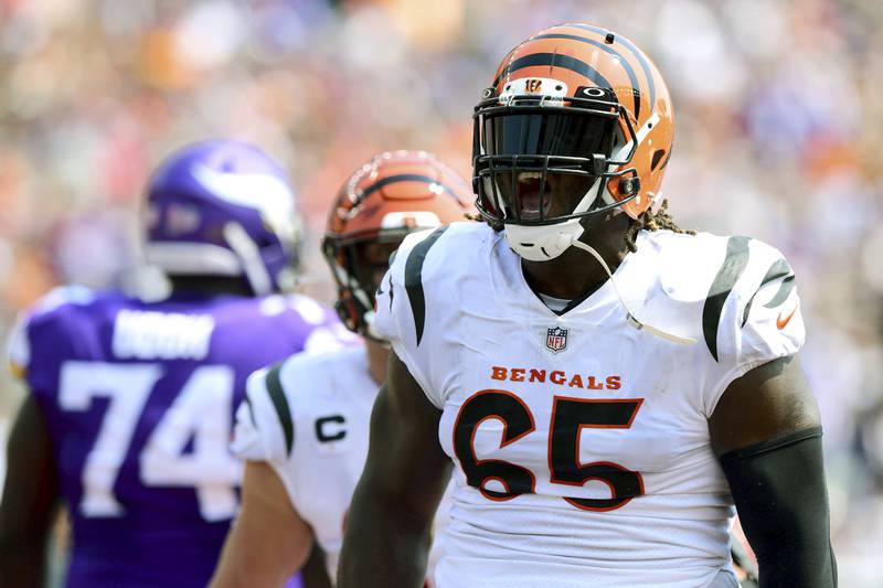 Cincinnati Bengals defensive tackle Larry Ogunjobi reacts during a game against the Minnesota Vikings on Sept. 12, 2021, in Cincinnati.