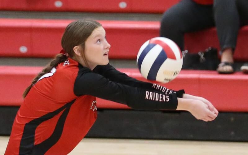 Earlville's Bailey Miller returns a serve from Somonauk on Tuesday, Aug. 29, 2023 at Earlville High School.