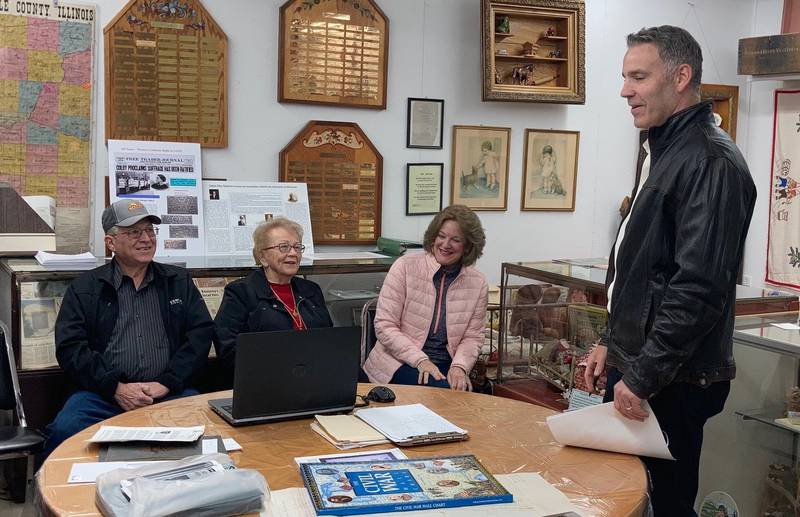 Three local relatives of famed rocket expert Maj. Gen. Holgar Toftoy, who was born and spent his early life in rural Marseilles, chat Tuesday, April 5, 2022, at the Norsk Museum in Norway, Ill. with WGN-TV journalist Larry Potash for a future segment of his series Backstory with Larry Potash. Toftoy (1902-1967), a 1926 West Point graduate, is renowned for bringing German rocket scientists to the U.S. after World War II. An air date has not been set. (Left to right) Robert Toftoy, Eleanor Toftoy Helland, Cynthia Toftoy and Potash talk to each other.