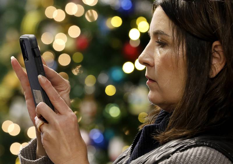 Susan McCoy, of White Oaks at McHenry, photographs her decorated Christmas tree on Thursday, Nov. 21, 2024, at the McHenry Chamber of Commerce Festival of Trees at the McHenry Recreation Center.